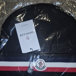 Moncler Black Beanie with Red and White Accents